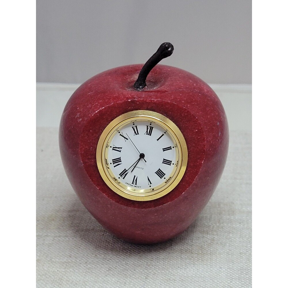 Beautiful Polished Stone Red Apple Clock Japan Movt Alabaster Paperweight